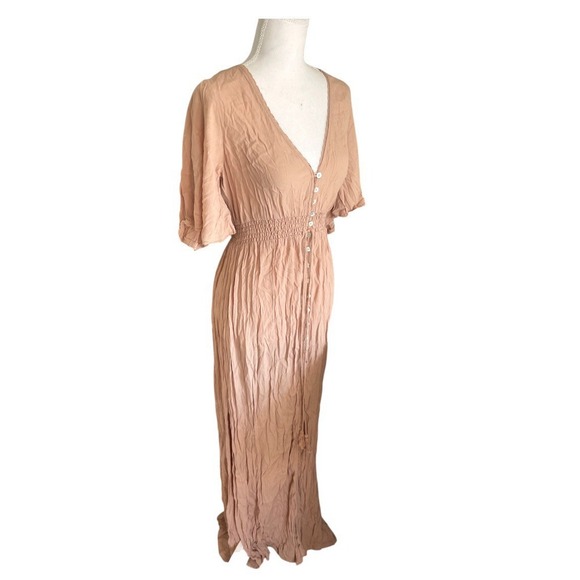 NWT Forever 21 Smocked Peach Maxi Dress Button Detail Cottagecore Prairie Church - Picture 5 of 10